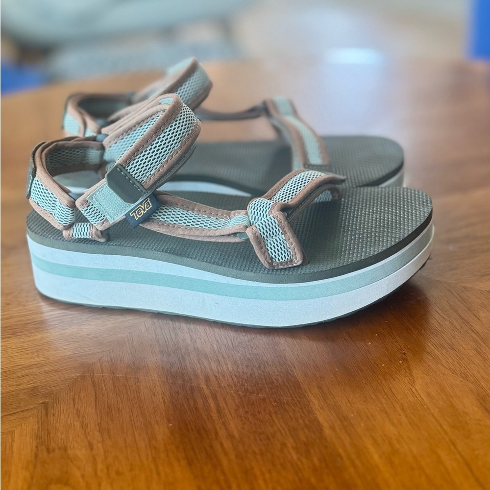 Teva Mesh Strap Platform Sandals in Blue and Brown
